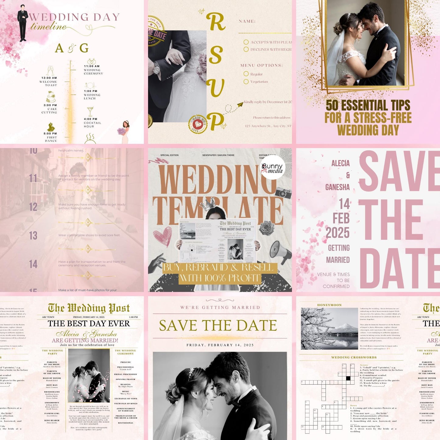 Magazine-Style Wedding Booklet | Editable Canva Templates All-in-one Wedding Bundle with PLR