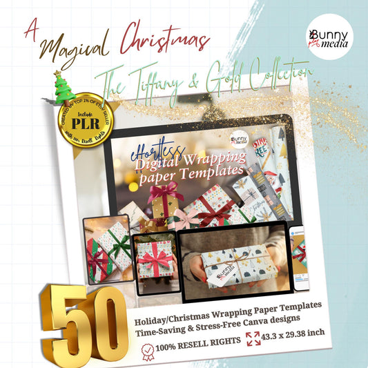 50 Christmas Wrapping Paper Templates - Tiffany & Gold Collection | Editable Designs with PLR License