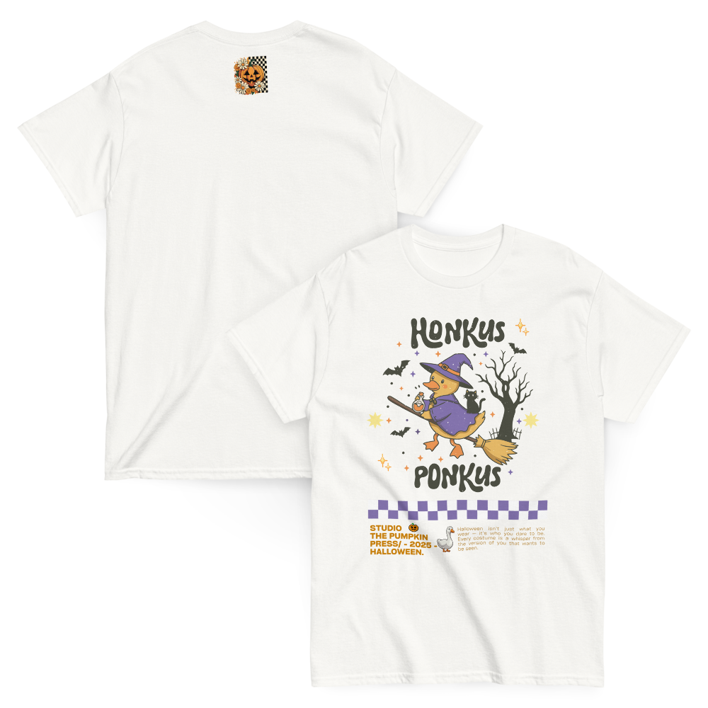 Honkus Ponkus Halloween T-Shirt – Witchy Goose Classic Unisex Tee | The Pumpkin Press Studio 2025 | Cozy Spookycore Shirt for Fall Lovers