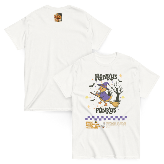 Honkus Ponkus Halloween T-Shirt – Witchy Goose Classic Unisex Tee | The Pumpkin Press Studio 2025 | Cozy Spookycore Shirt for Fall Lovers