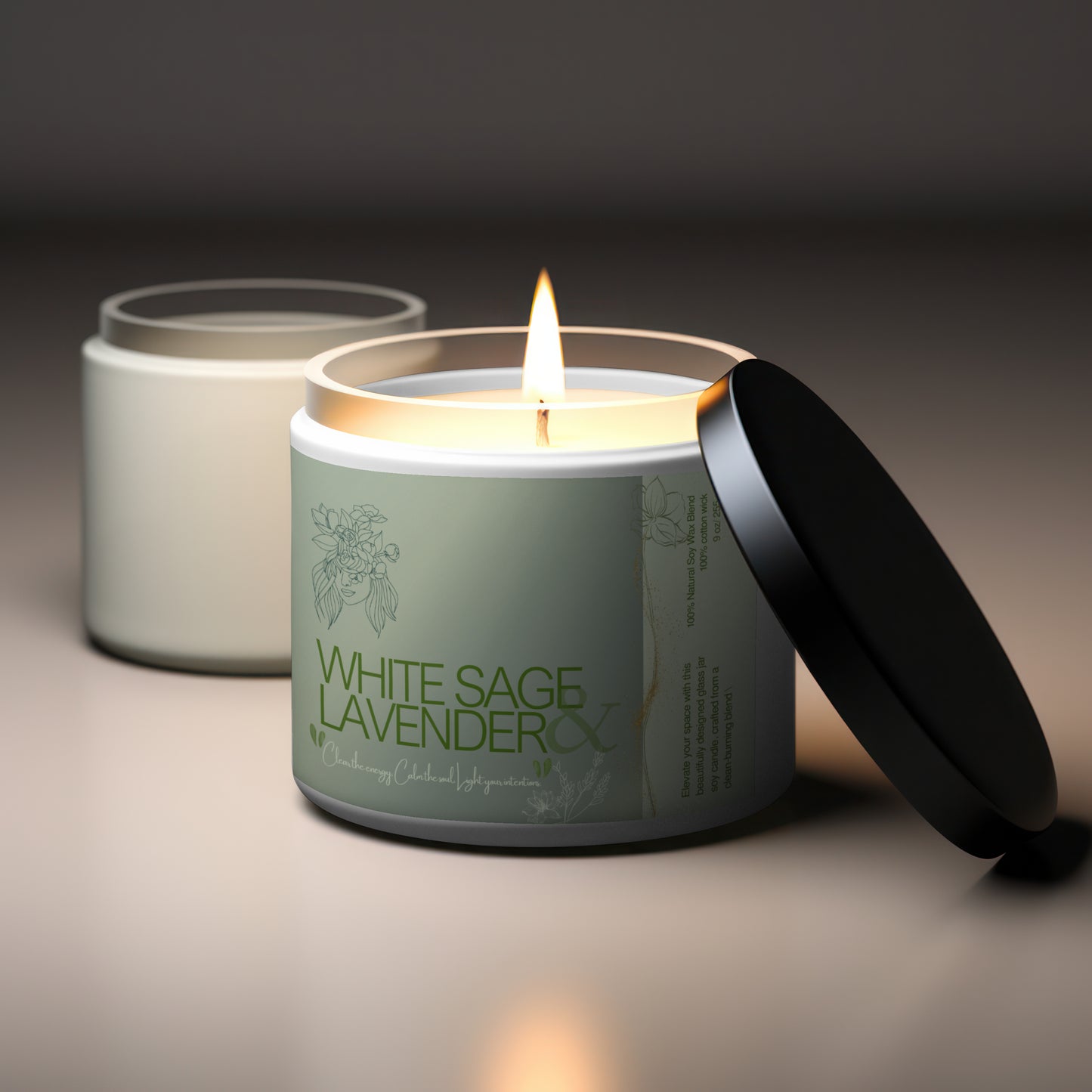 White Sage & Lavender Soy Wax Candle in Glass Jar with Lid –   Personalized Label, Self-Care, Gift, Home Decor