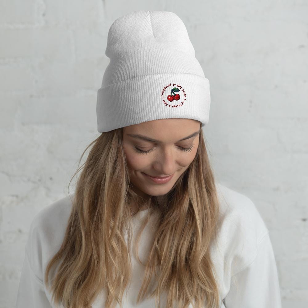 Cherry Pixel Art Beanie – Retro Gamer Cuffed Hat