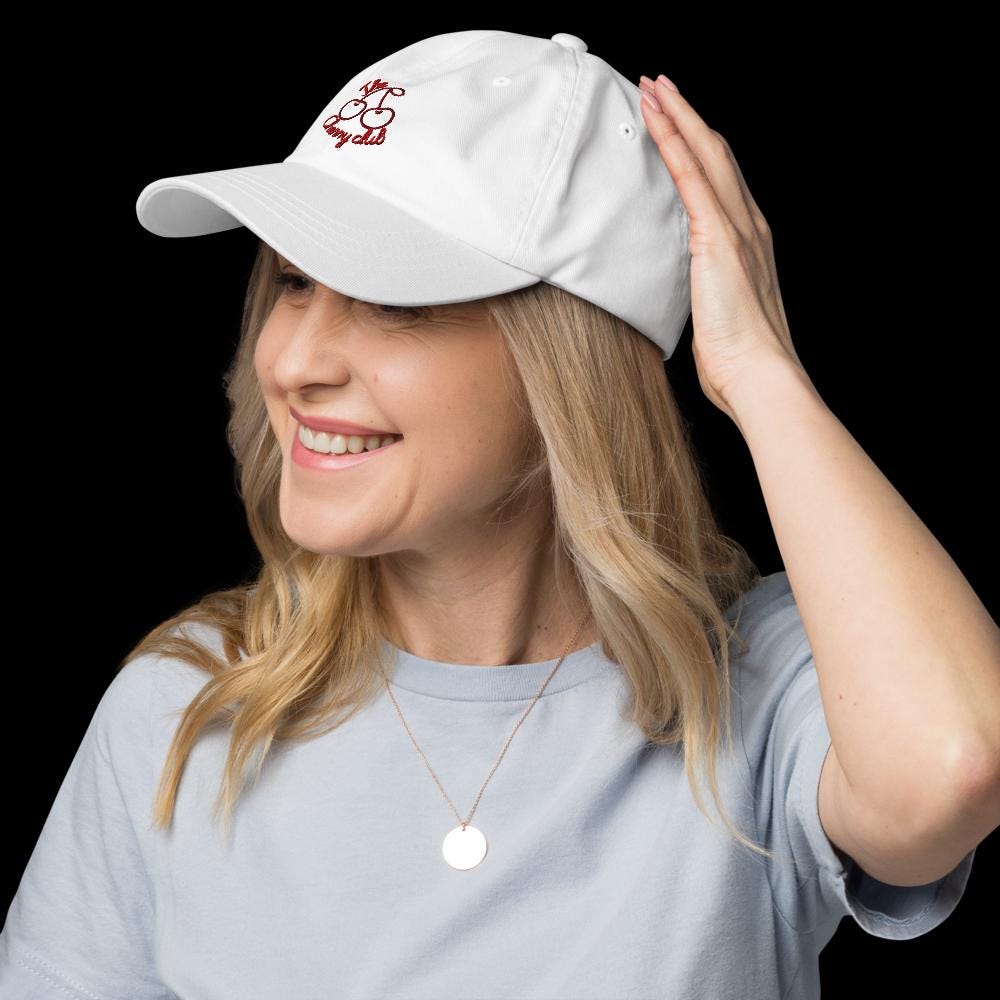 The Cherry Club Dad Hat – Aesthetic Embroidered Cap for Gen Z & Millennials | Adjustable Streetwear Hat | Cute Cherrycore Gift 2025
