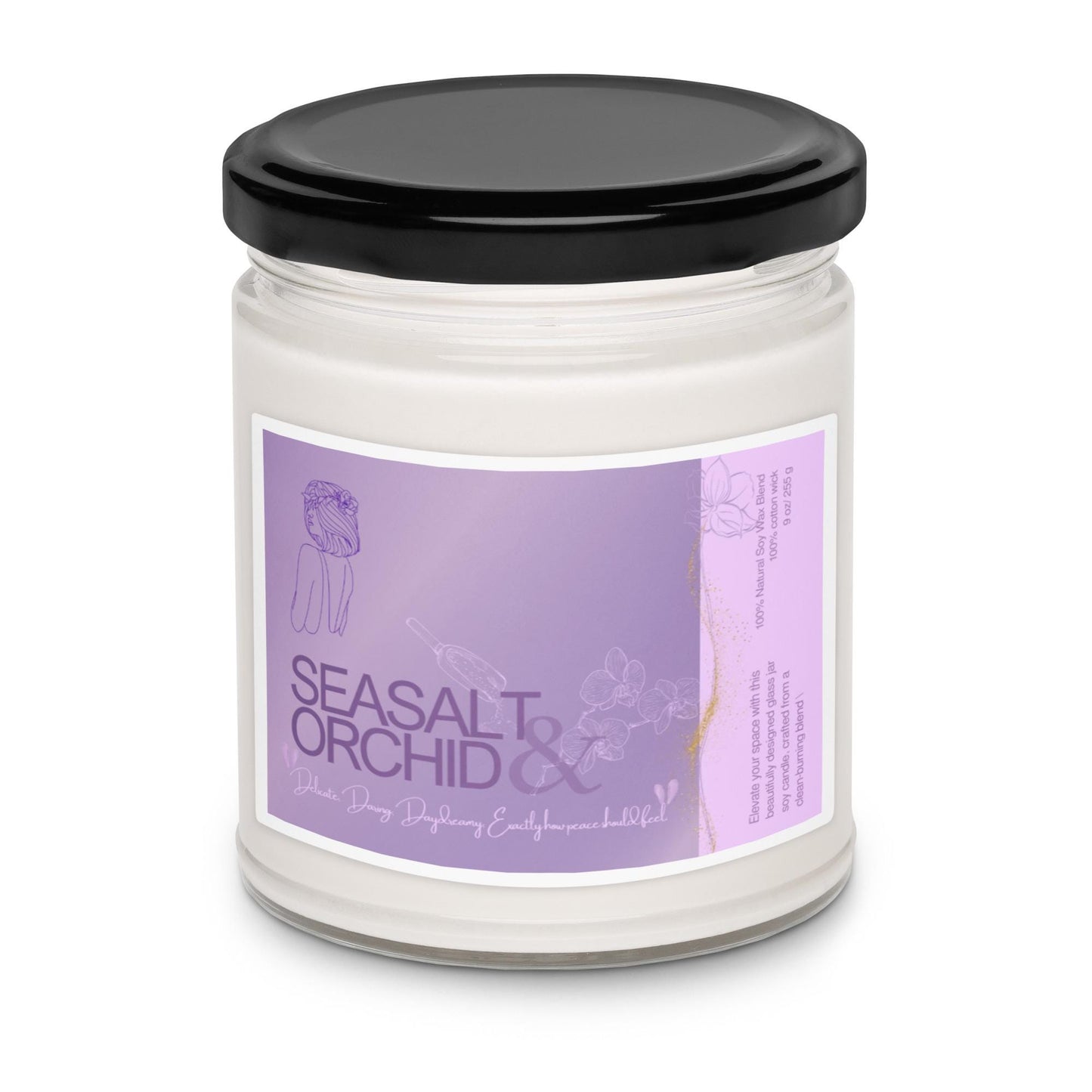 Sea Salt Orchid Soy Candle: Personalized Label, Glass Jar, 9 oz