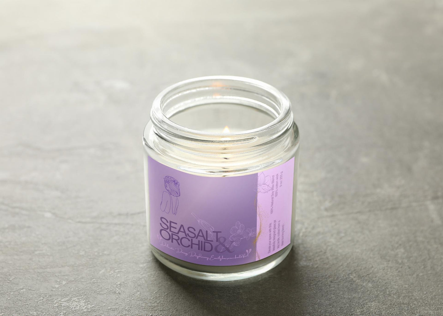 Sea Salt Orchid Soy Candle: Personalized Label, Glass Jar, 9 oz