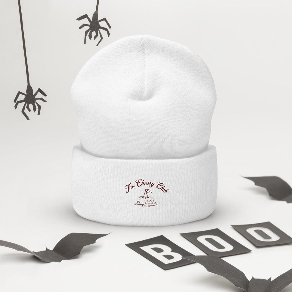 Kawaii Cherry Embroidered Beanie | Acrylic Cuffed Winter Hat