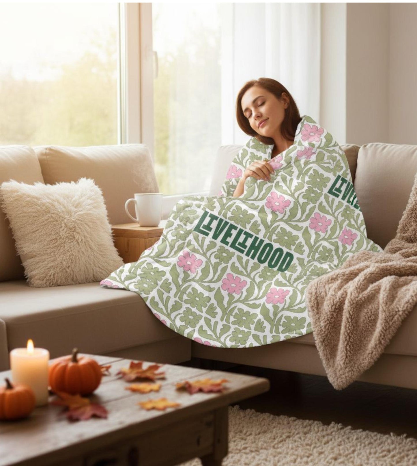 Floral Throw Blanket | Pastel Pink & Green Boho Decor