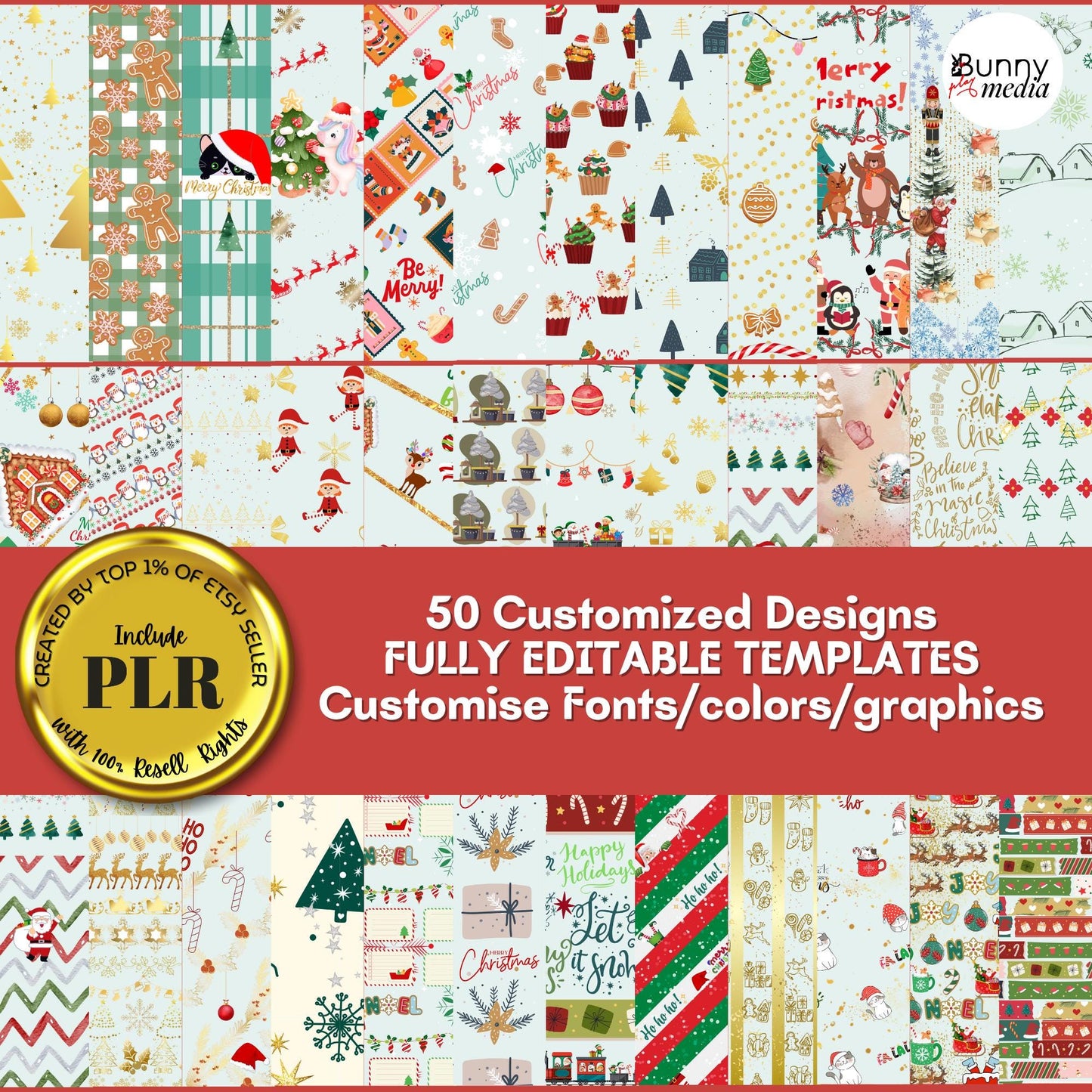50 Christmas Wrapping Paper Templates - Tiffany & Gold Collection | Editable Designs with PLR License