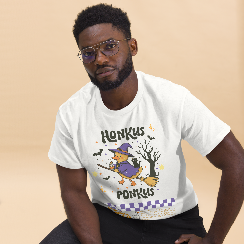 Honkus Ponkus Halloween T-Shirt – Witchy Goose Classic Unisex Tee | The Pumpkin Press Studio 2025 | Cozy Spookycore Shirt for Fall Lovers