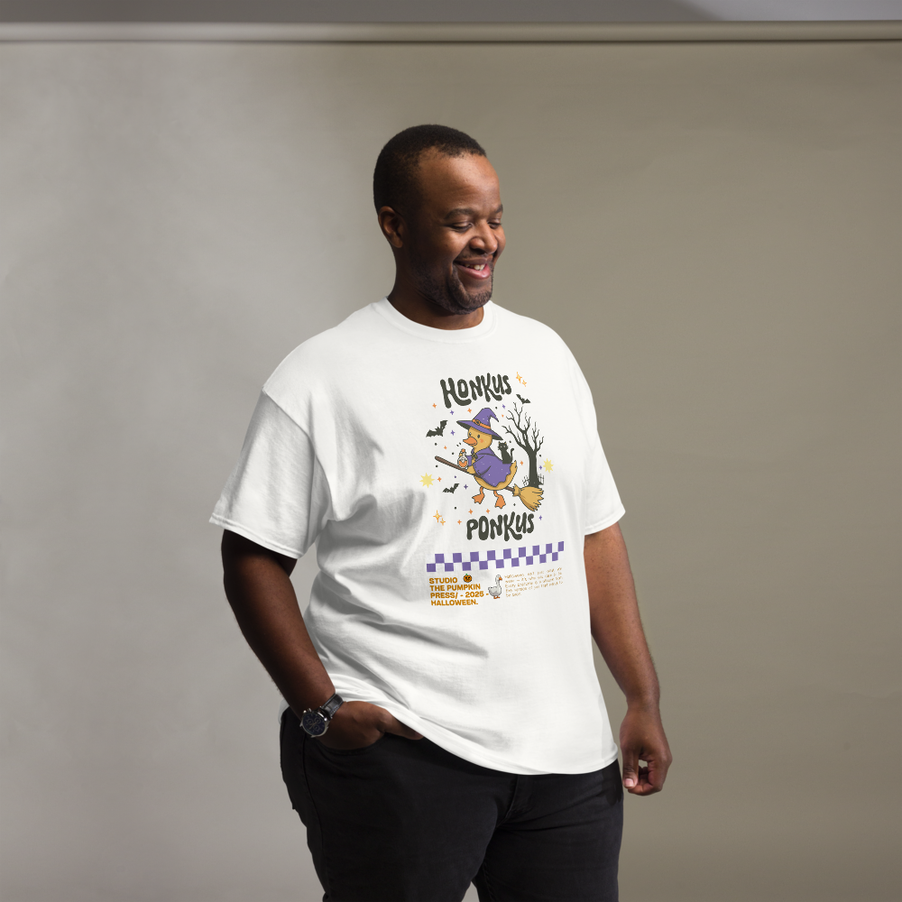Honkus Ponkus Halloween T-Shirt – Witchy Goose Classic Unisex Tee | The Pumpkin Press Studio 2025 | Cozy Spookycore Shirt for Fall Lovers