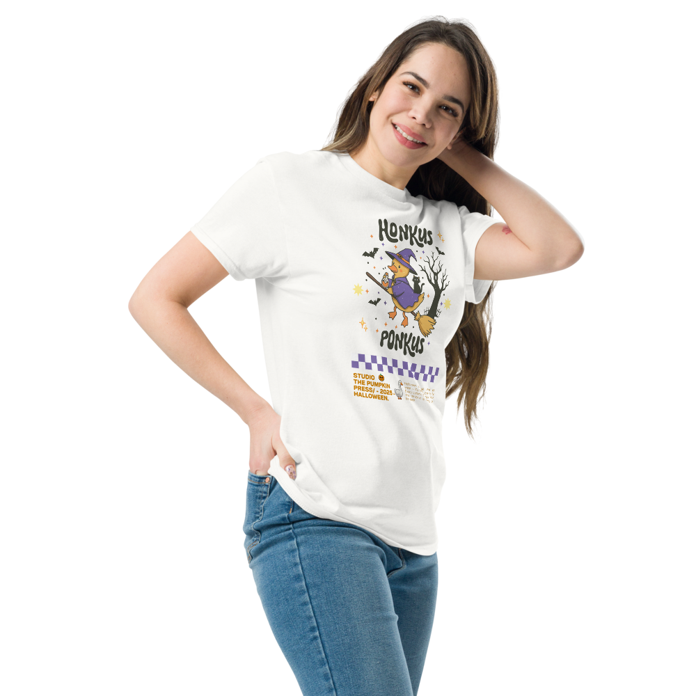 Honkus Ponkus Halloween T-Shirt – Witchy Goose Classic Unisex Tee | The Pumpkin Press Studio 2025 | Cozy Spookycore Shirt for Fall Lovers