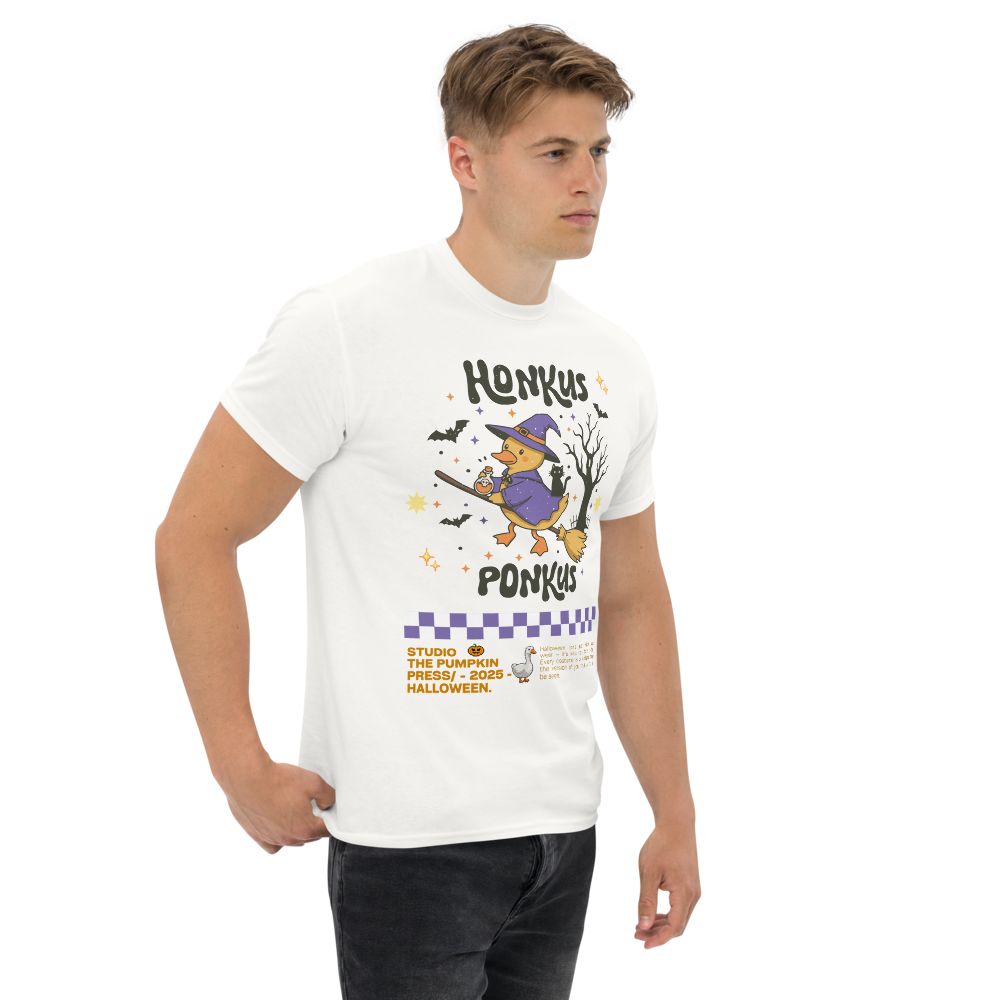 Honkus Ponkus Halloween T-Shirt – Witchy Goose Classic Unisex Tee | The Pumpkin Press Studio 2025 | Cozy Spookycore Shirt for Fall Lovers