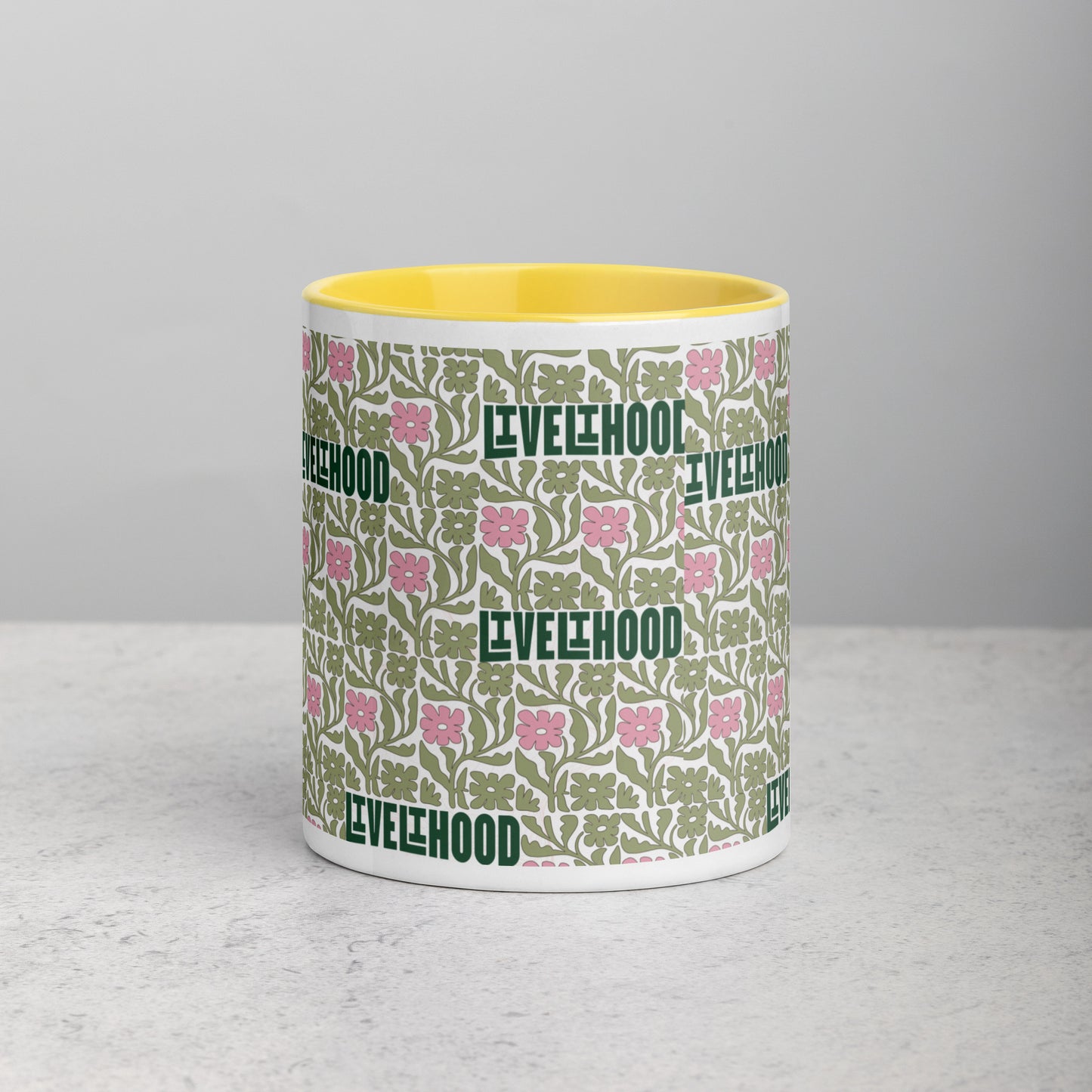 Livelihood Floral Mug with Color Inside – Aesthetic Ceramic Coffee Cup with Retro Vibes