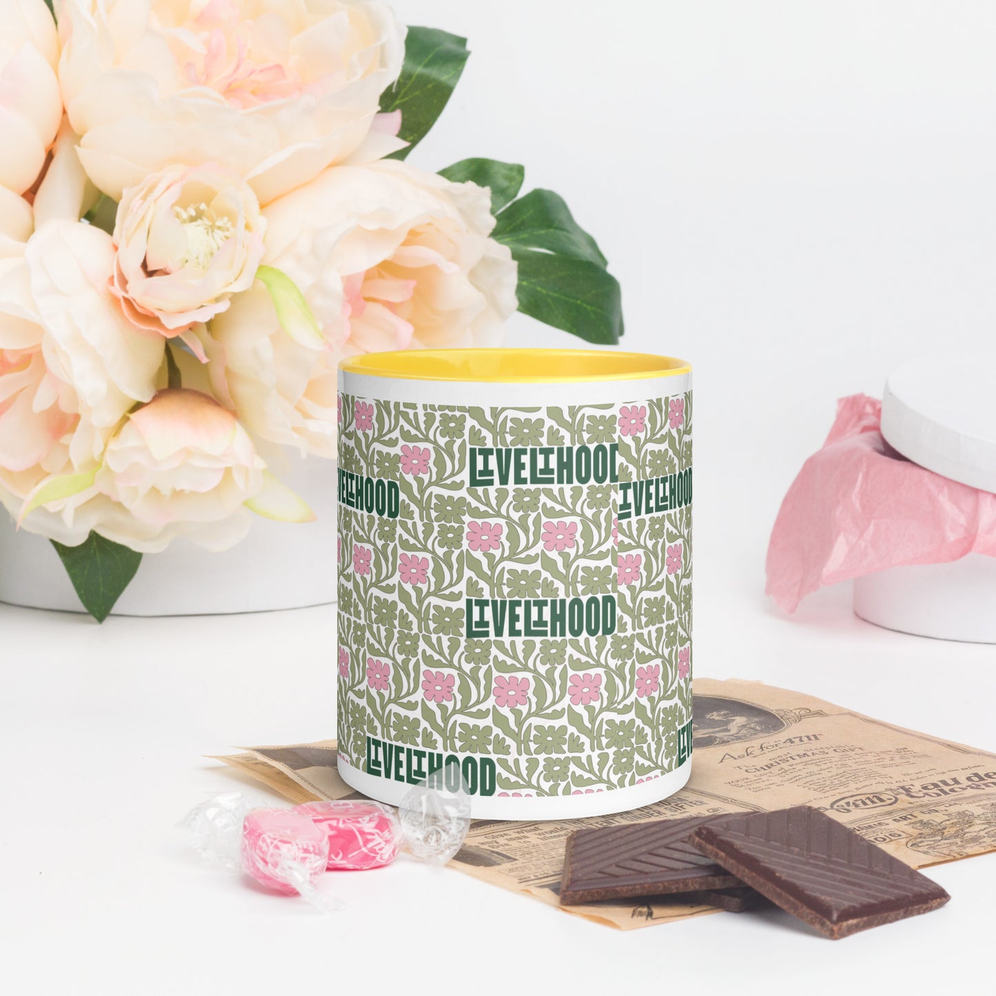 Livelihood Floral Mug with Color Inside – Aesthetic Ceramic Coffee Cup with Retro Vibes