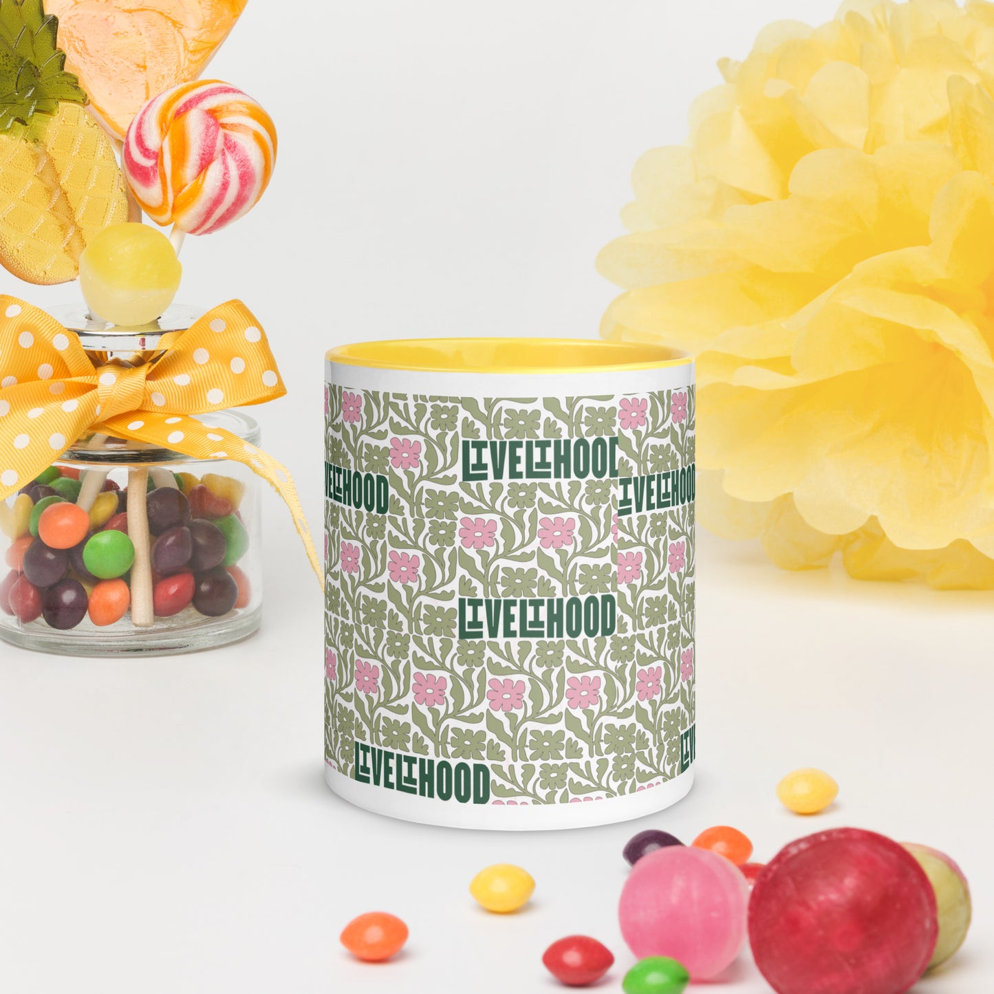 Livelihood Floral Mug with Color Inside – Aesthetic Ceramic Coffee Cup with Retro Vibes