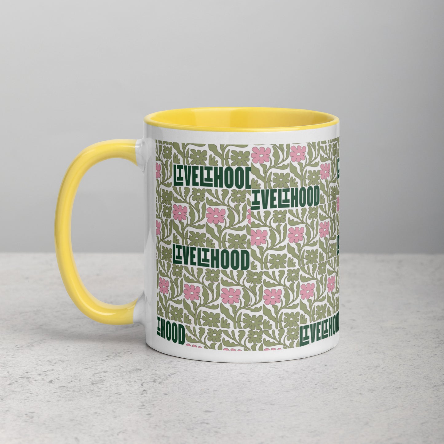Livelihood Floral Mug with Color Inside – Aesthetic Ceramic Coffee Cup with Retro Vibes