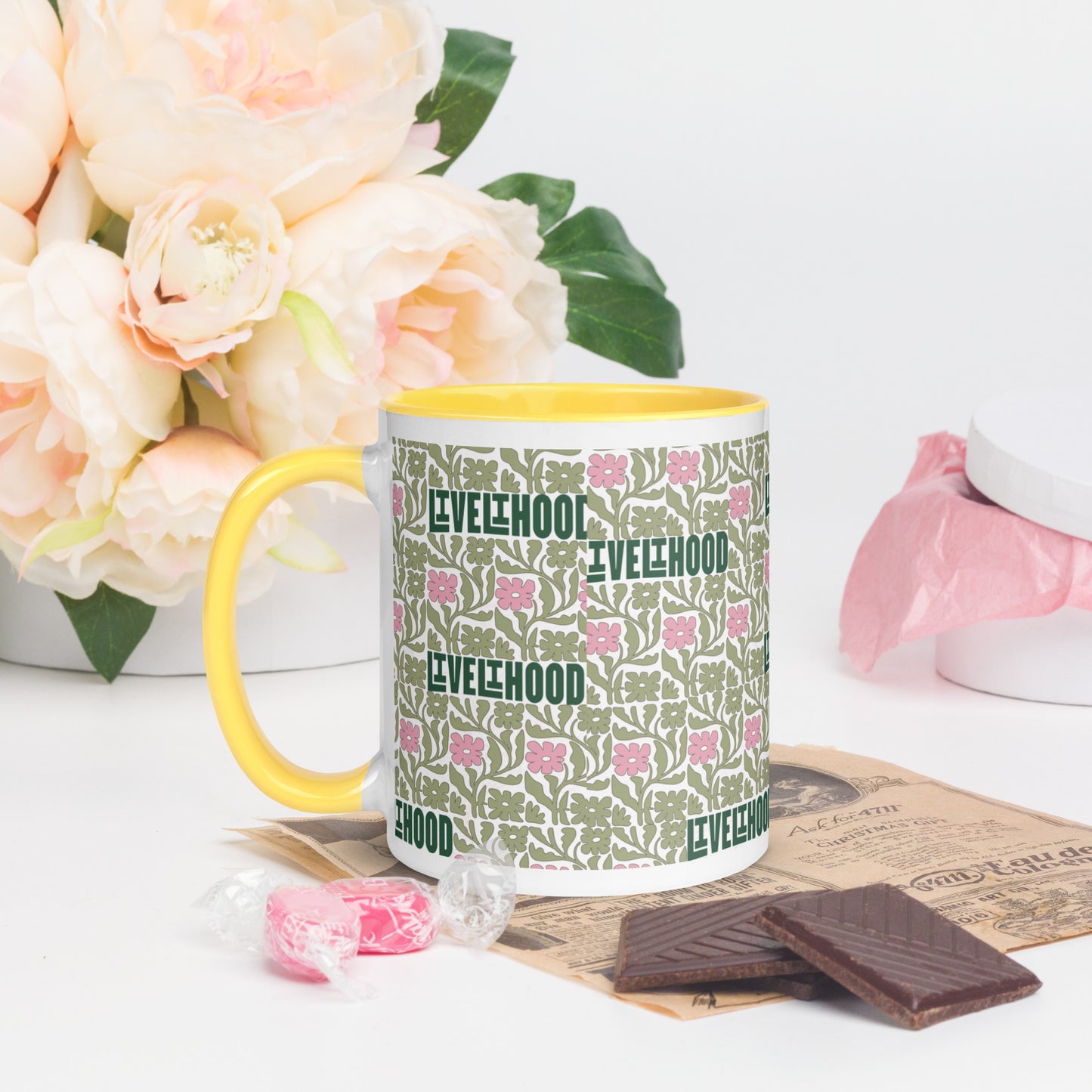 Livelihood Floral Mug with Color Inside – Aesthetic Ceramic Coffee Cup with Retro Vibes