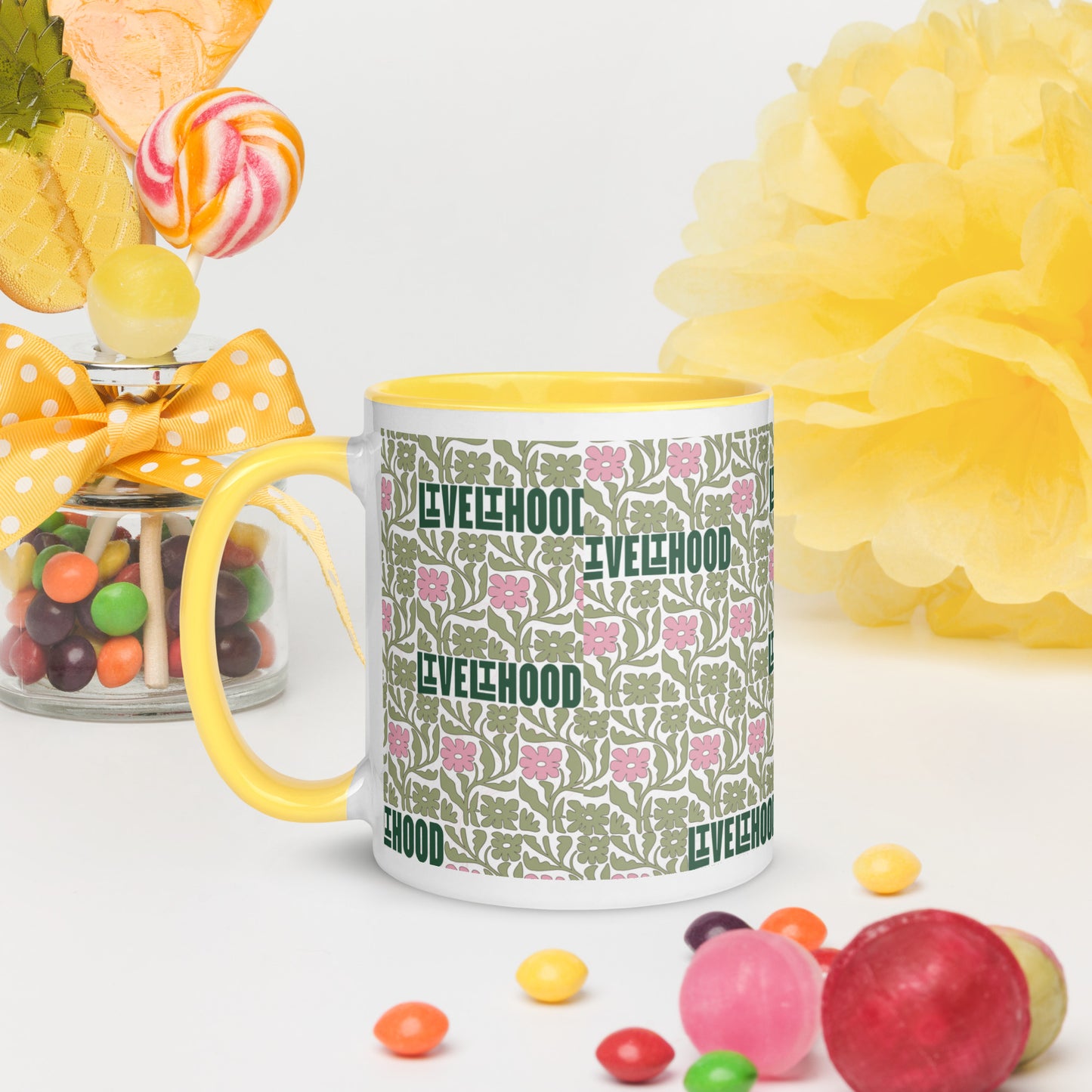 Livelihood Floral Mug with Color Inside – Aesthetic Ceramic Coffee Cup with Retro Vibes