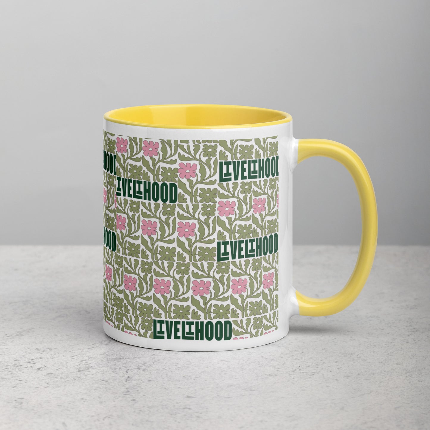 Livelihood Floral Mug with Color Inside – Aesthetic Ceramic Coffee Cup with Retro Vibes