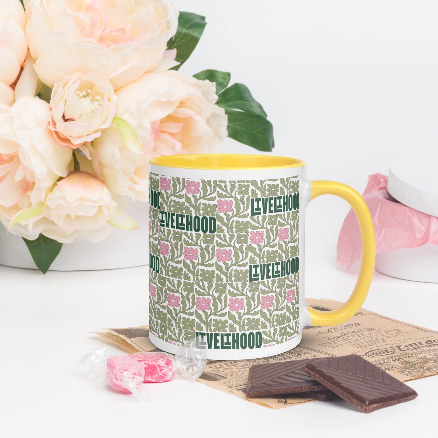 Livelihood Floral Mug with Color Inside – Aesthetic Ceramic Coffee Cup with Retro Vibes