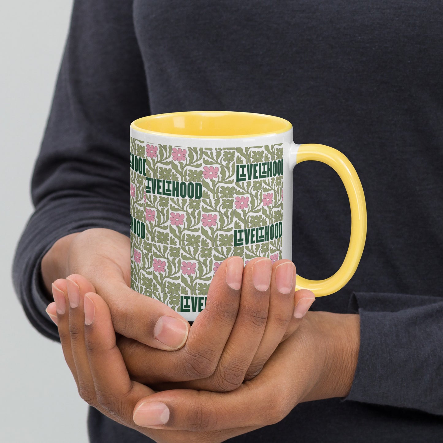 Livelihood Floral Mug with Color Inside – Aesthetic Ceramic Coffee Cup with Retro Vibes