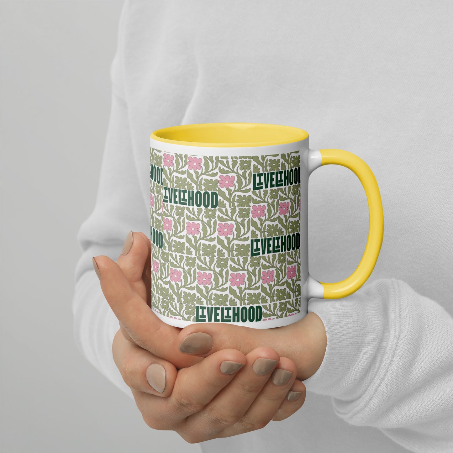 Livelihood Floral Mug with Color Inside – Aesthetic Ceramic Coffee Cup with Retro Vibes