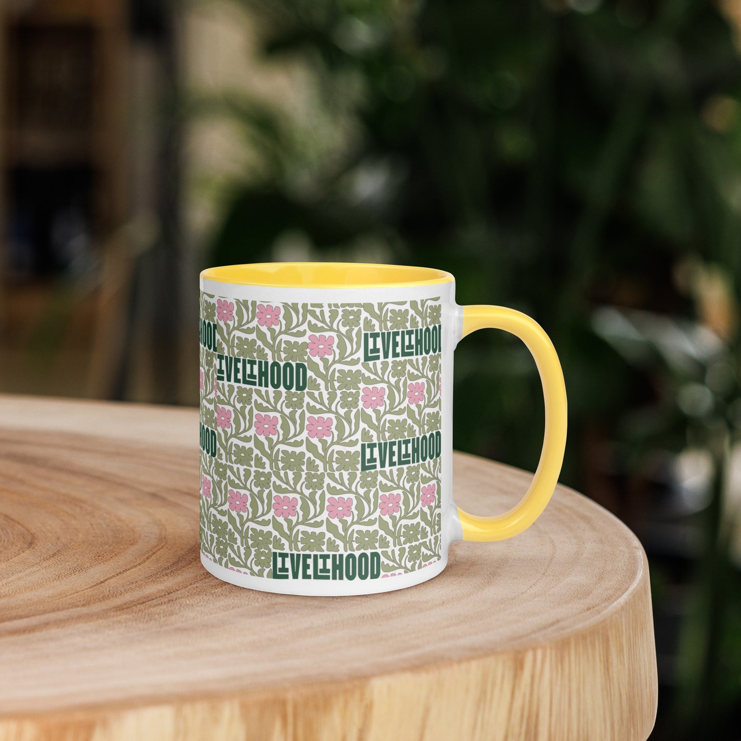 Livelihood Floral Mug with Color Inside – Aesthetic Ceramic Coffee Cup with Retro Vibes
